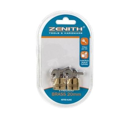 Zenith Brass Keyed Alike Padlock - 20 mm - Card of 2