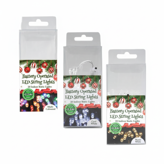 String of 20 LED Christmas Lights, Battery-Operated, with Small Lights in 3 Different Colours (2.2 metres)