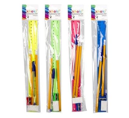 Stationery Set - 6 Pieces - Includes Pencils, Pen, Ruler, Eraser, Sharpener