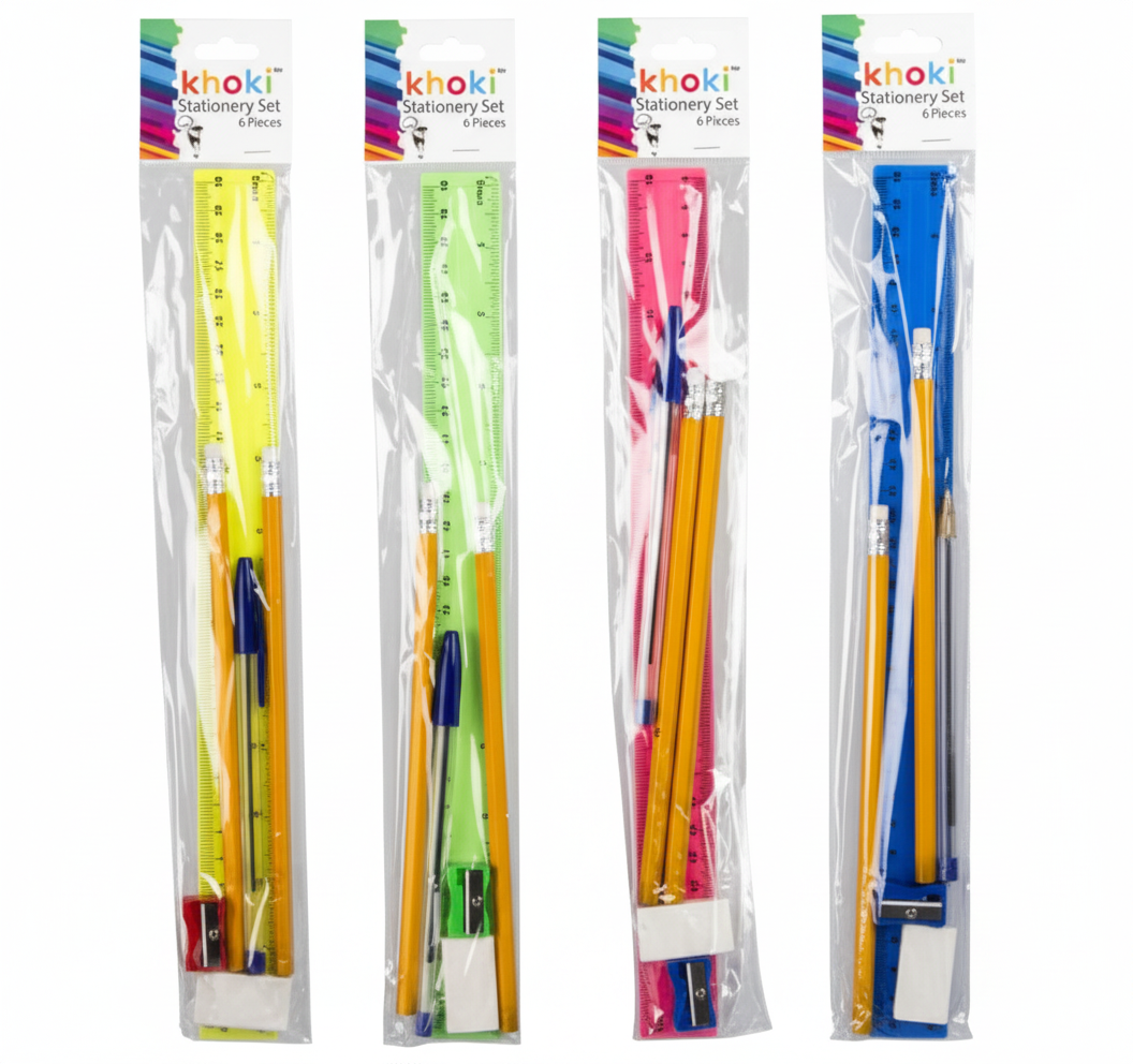 Stationery Set including Pencils, Pen, Ruler, Eraser, Sharpener (6 Pieces) - Various Colours