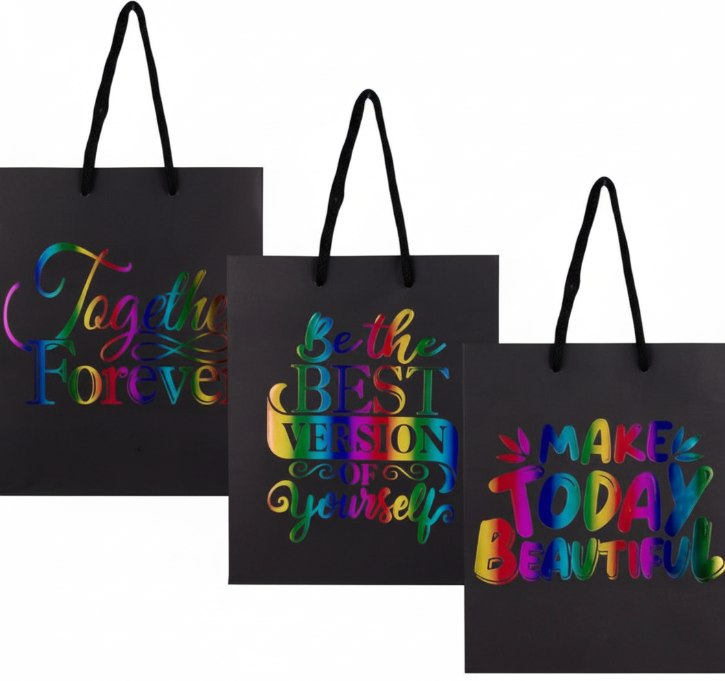 Gift Bag Paper English Words - Medium - 18x23cm - Black - Assorted Designs