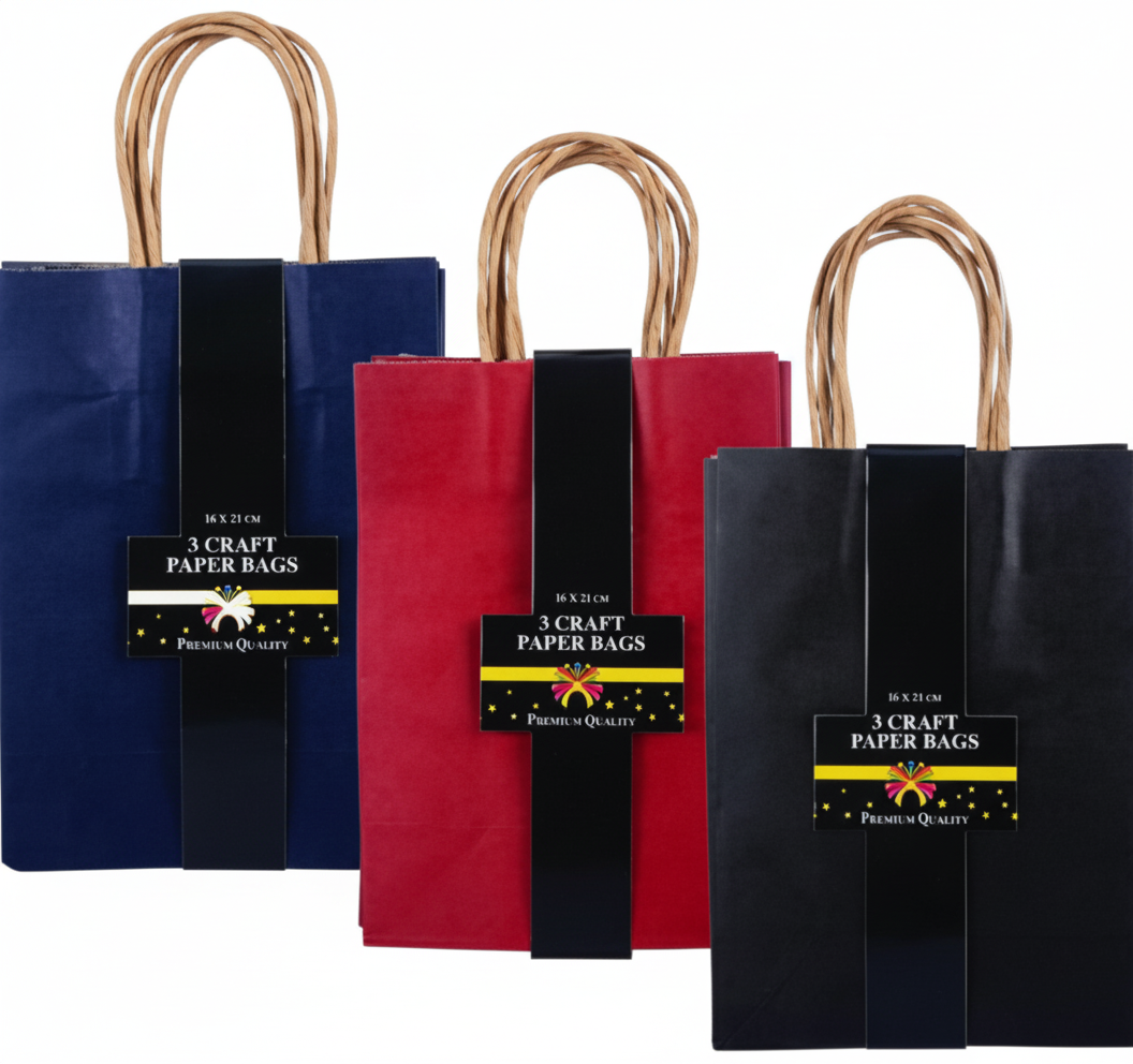 Kraft Paper Gift Bag, Small, in Various Colours, 3 Pack (15 cm x 21 cm)