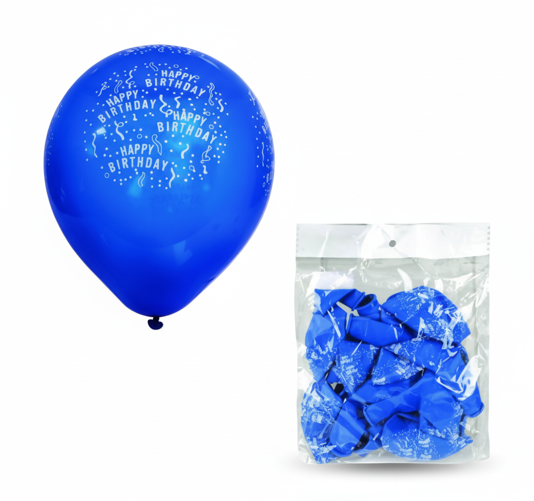 Blue Balloons with Happy Birthday Print, Suitable for Helium (Bulk Pack of 12)