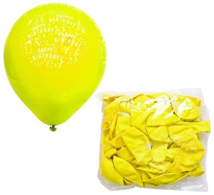 Balloon - Suitable for Helium - Printed Happy Birthday Design - Yellow - Bulk Pack of 12