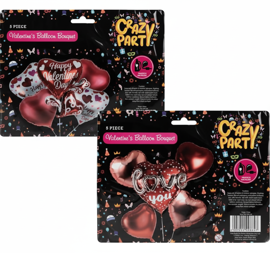 Helium Balloons Bouquet for Valentines Day with Assorted Designs (5 Pieces)