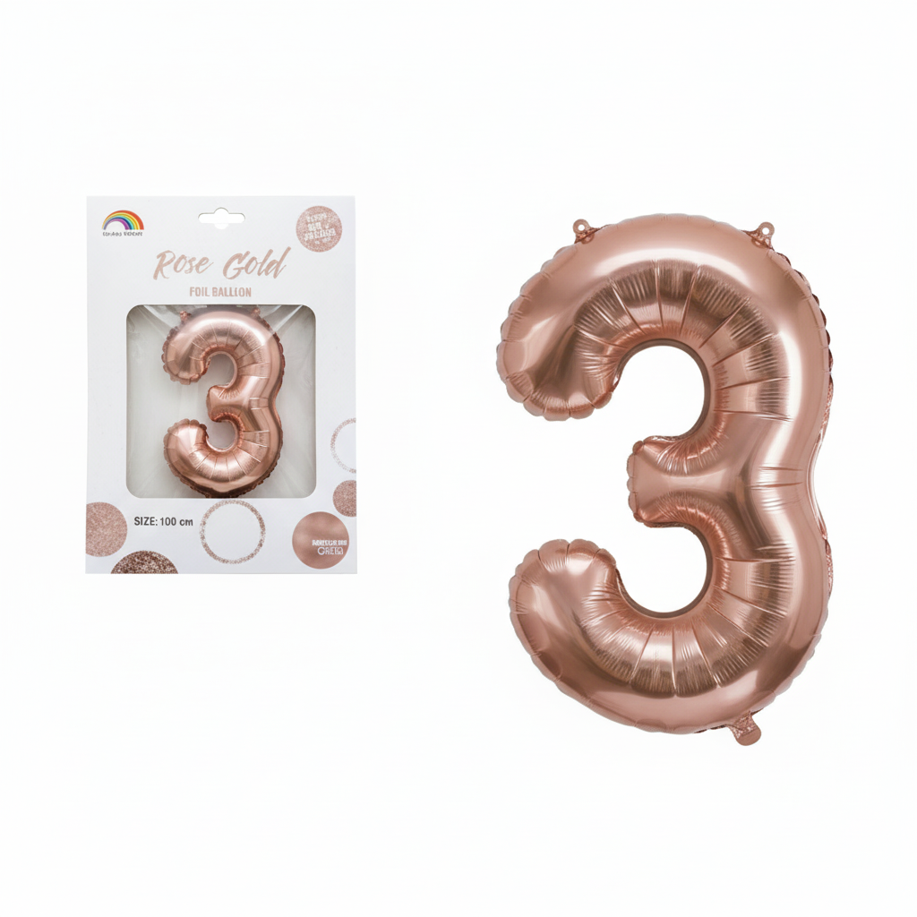 Rose Gold Foil Helium Number 3 Balloon (102 cm)