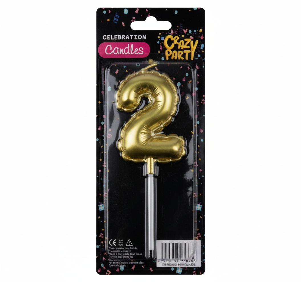 Gold Candle with Birthday Balloon Number 2 (5 cm)