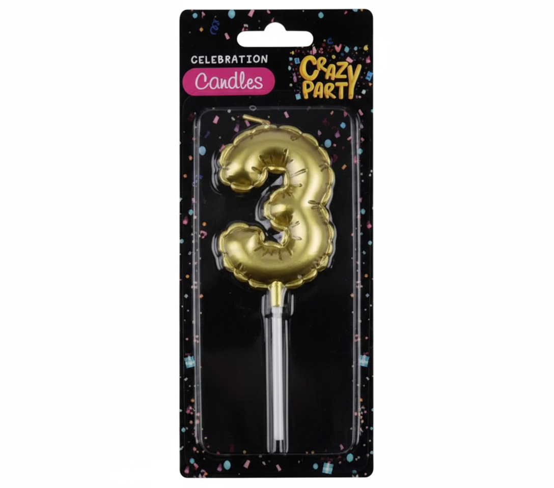 Gold Birthday Balloon Number 3 Candle (5 cm)