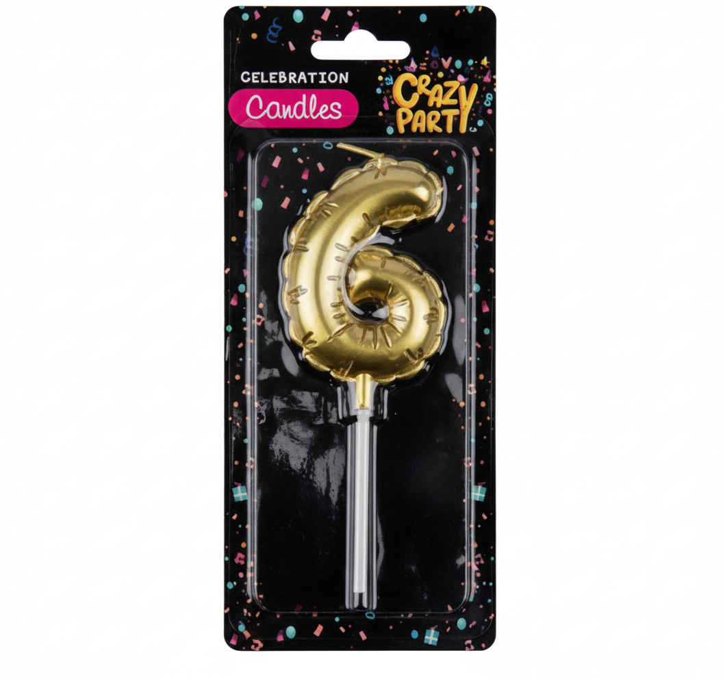 Gold Birthday Candle with Balloon Number 6 (5 cm)