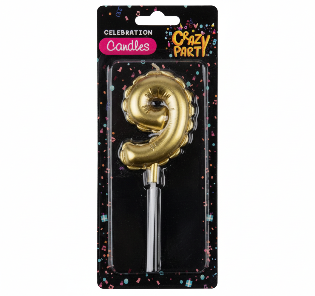 Gold Birthday Candle with Balloon Number 9 (5 cm)