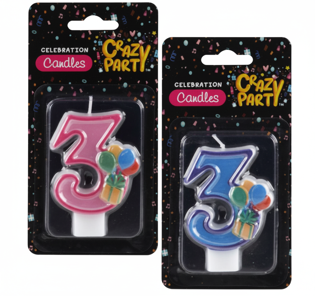 Kiddies Birthday Candles - Single Number 3 - Various Colours