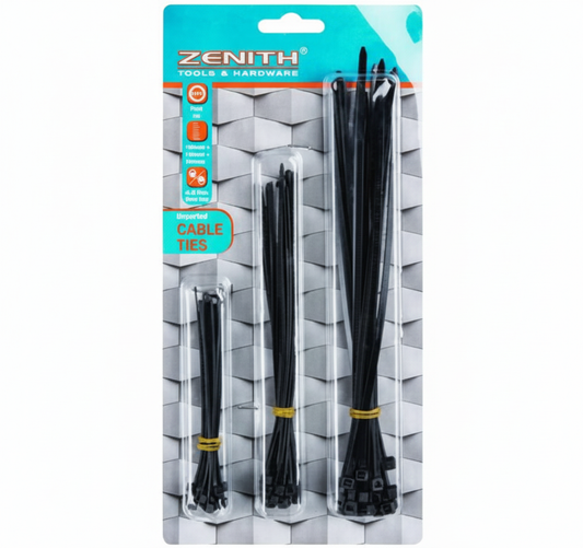 Cable Ties - 100 mm, 150 mm, 200 mm - Black - Pack of 60 - Zenith