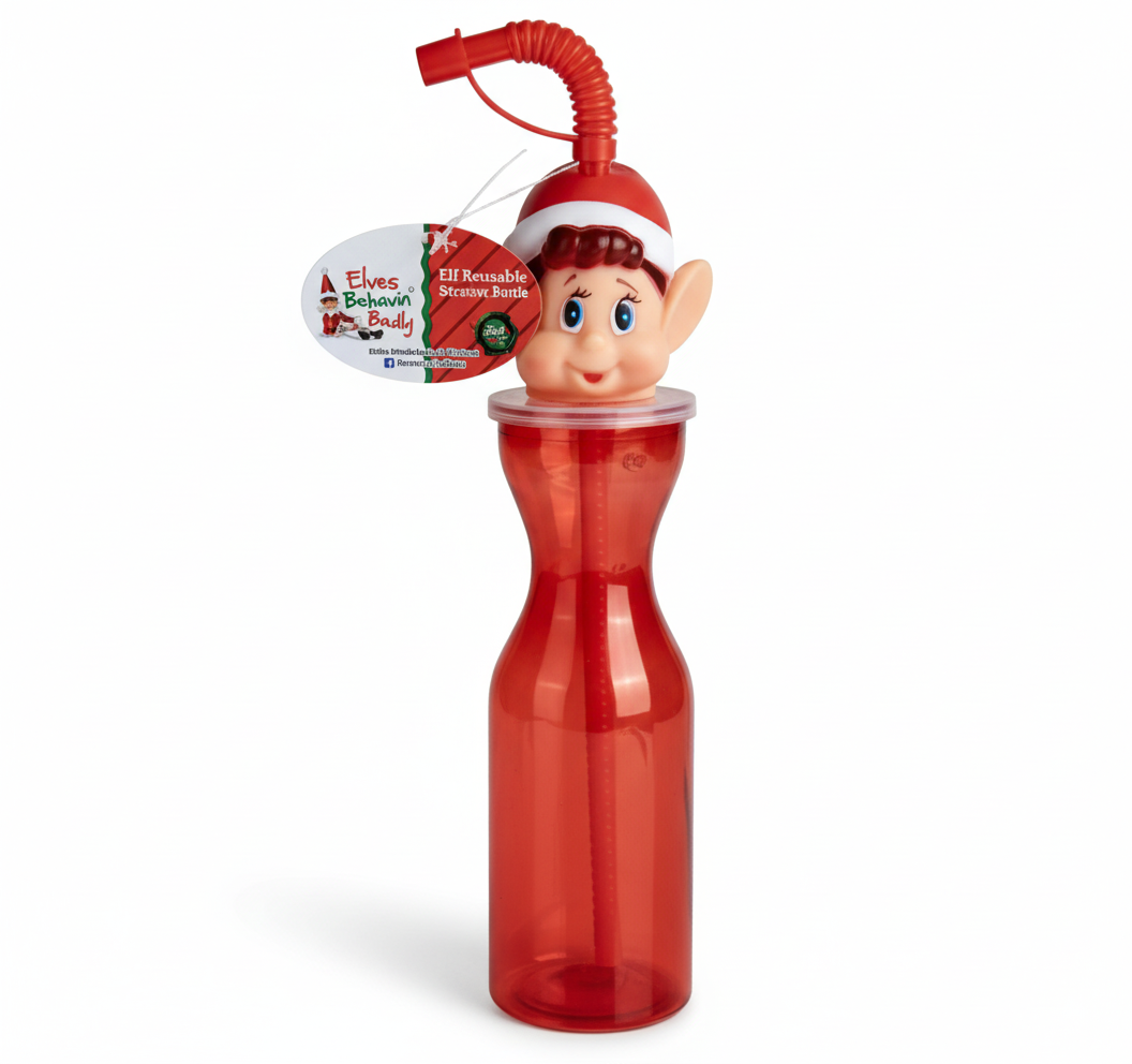 Christmas Elf Water Bottle with Straw - 450ml