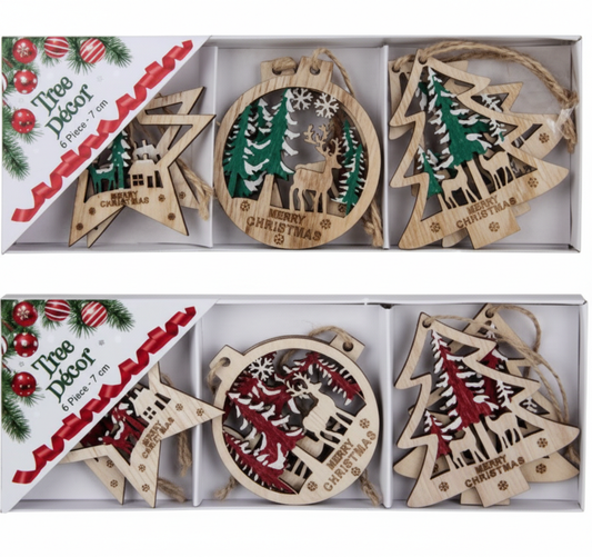 Christmas Tree Decoration Wooden Ornament - 7 cm - 6 Pieces