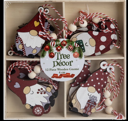 Wooden Gnome Ornament for Christmas Tree Decoration - 4 cm - 12 Pieces