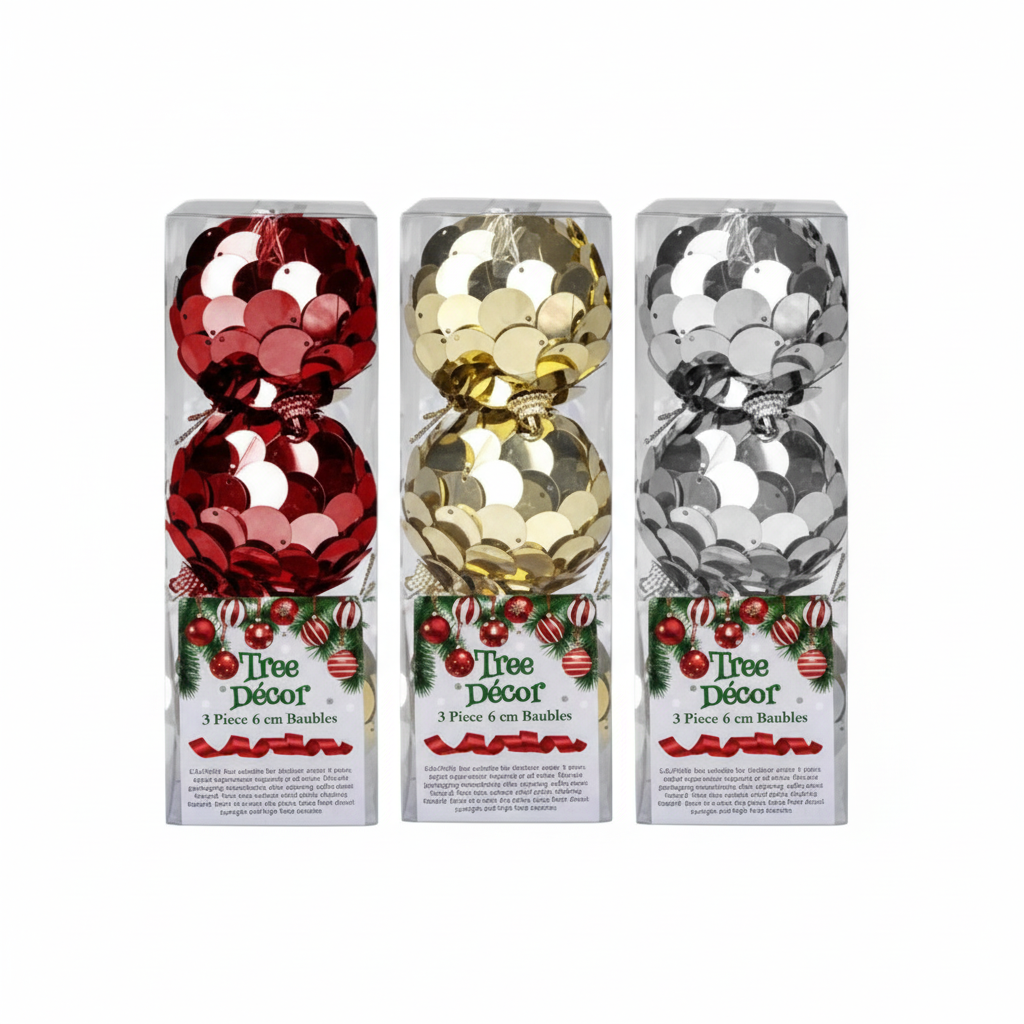 Christmas Tree Decor Balls Sequin 3pc 6cm - Various Colors