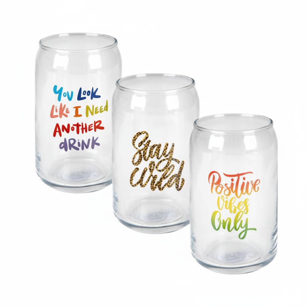 Glass Can Shape Tumbler with Print in Assorted Designs (473 ml)