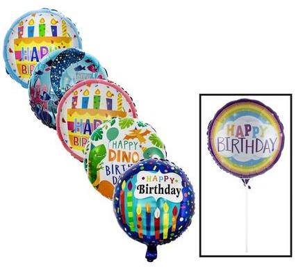 Balloon with Stick Air Round Birthday Assorted - 45 cm