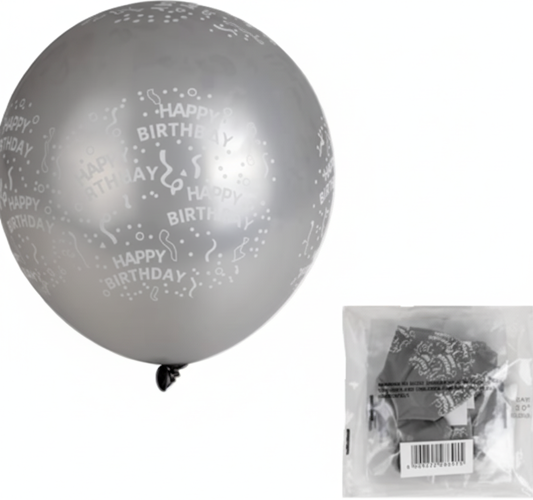 Silver Helium Balloons with Happy Birthday Print (12 Piece)