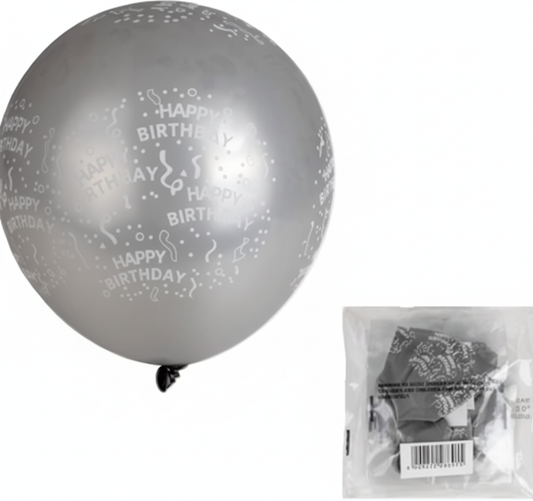 Silver Helium Balloons with Happy Birthday Print (12 Piece)