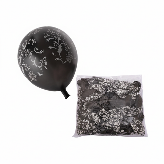 Black Balloons with Fancy Design, Suitable for Helium (12 Pieces)