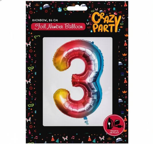 Rainbow Foil Number 3 Balloon suitable for Helium (86 cm)
