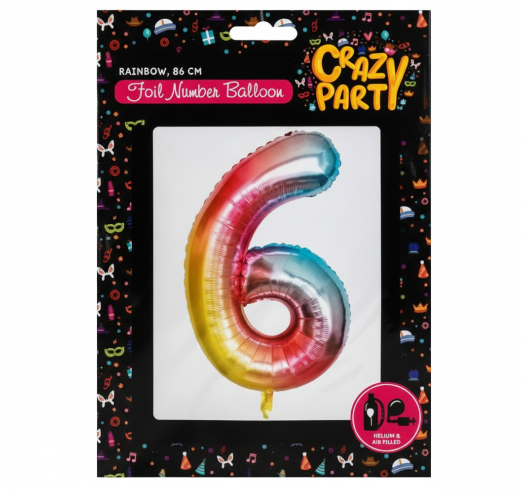 Rainbow Foil Balloon Number 6 suitable for Helium (86 cm)