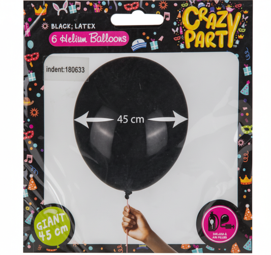 6pc Giant Black Balloons - 45 cm