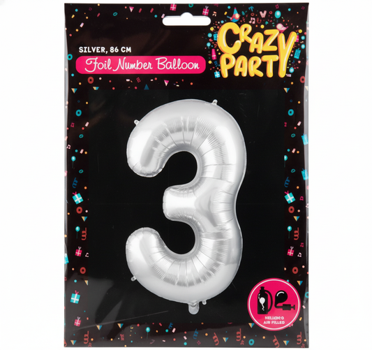 Silver Helium Foil Balloon Number 3 (86 cm)