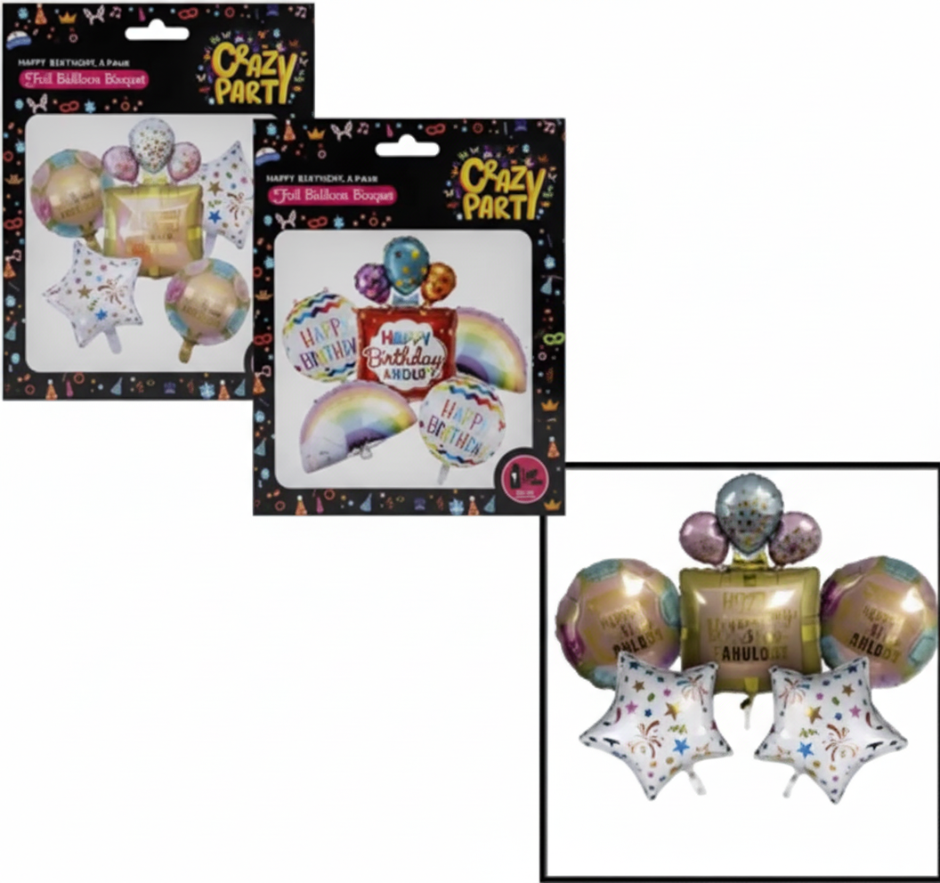 Happy Birthday Balloon Bouquet with Assorted Designs, suitable for Helium (5 Pieces)